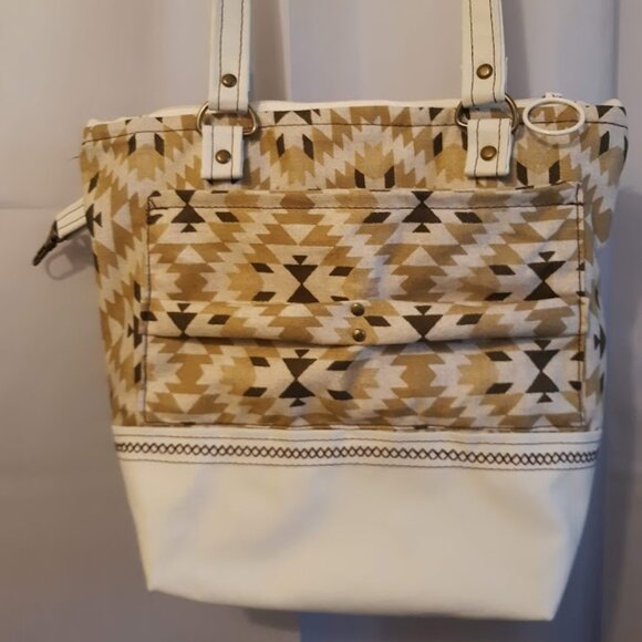 New Southwestern Geometric Vinyl Double handle Satchel Purse Ivory Mustard Brow - Picture 1 of 11